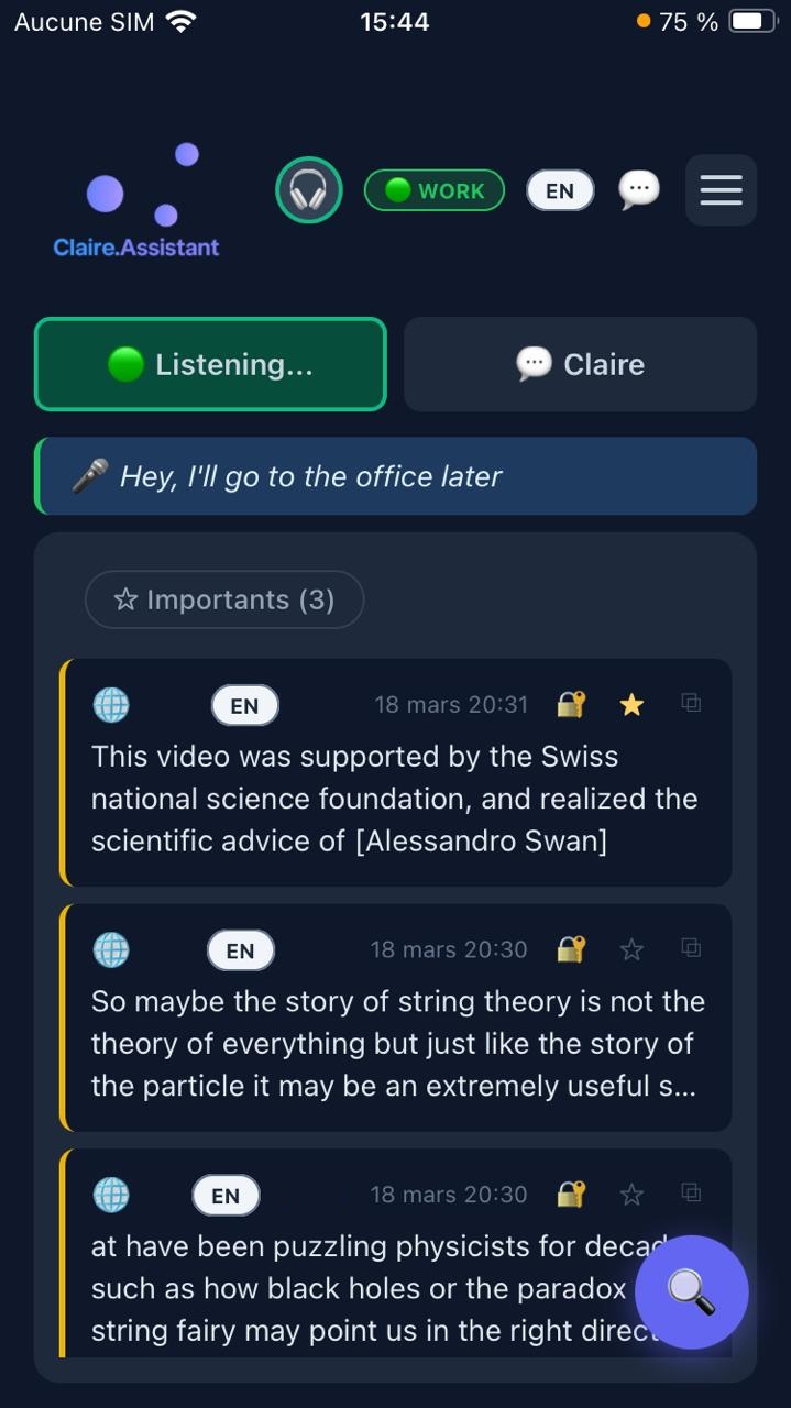 Claire on iPhone — offline transcription of a conversation