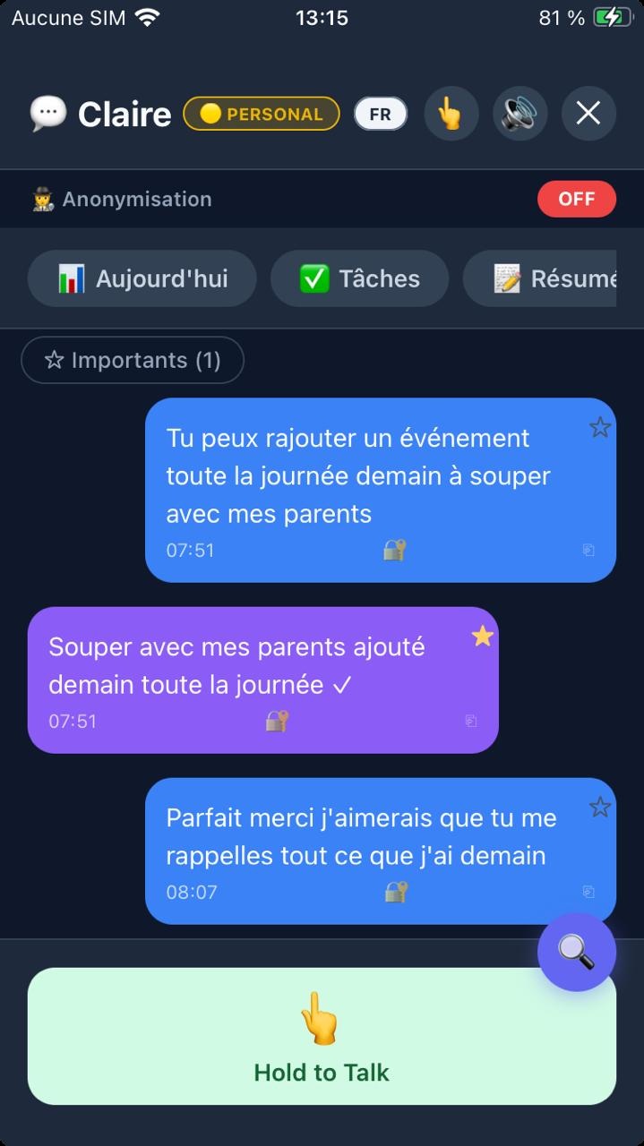 Claire on iPhone — asking the private memory a question